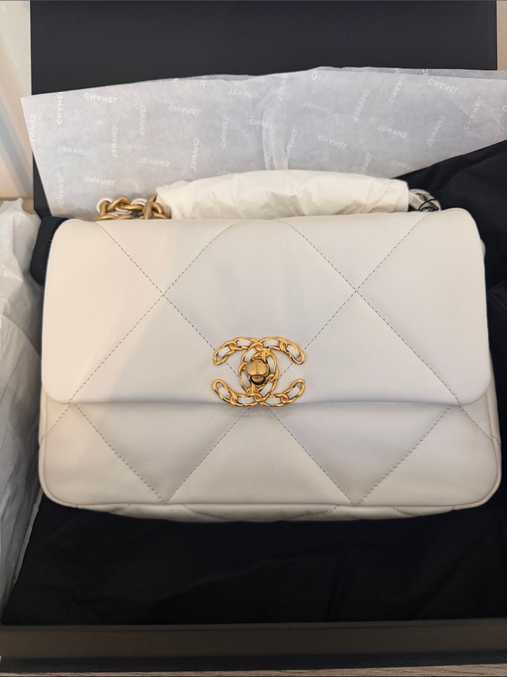 Luxury Chanel 19  Quilted White Chain Shoulder Bag with Gold Hardware